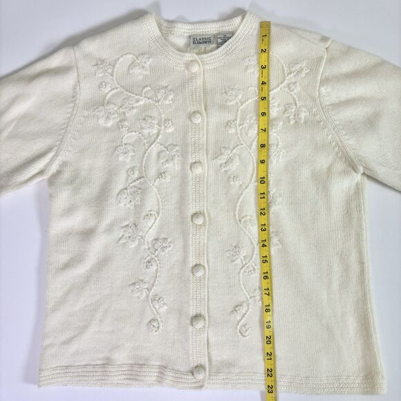 Vintage 90s Classic Elements Embroidered Cardigan Sweater Women's M Ivory Floral - Picture 7 of 16